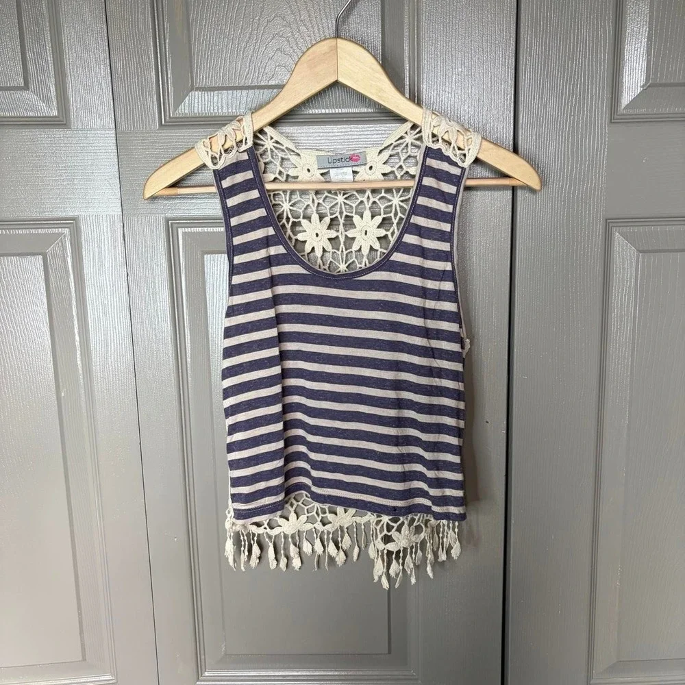 Lipstick Y2K Striped Crochet Lace Back Fringe Tank Top Navy White Small